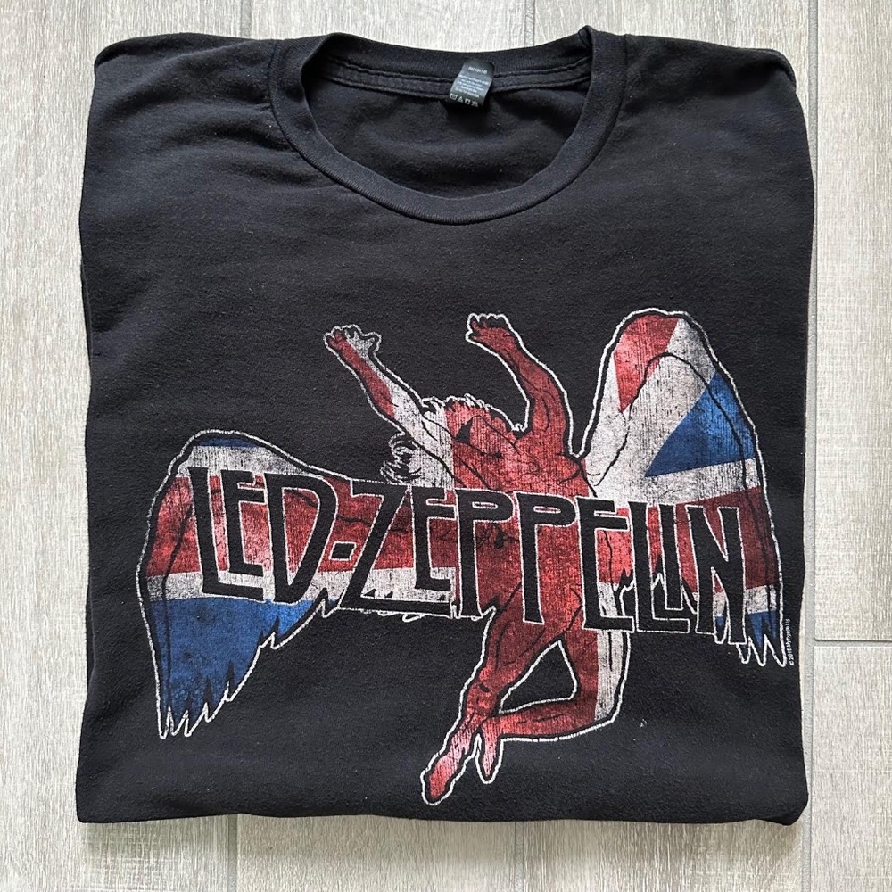 Led Zeppelin British Flag Icarus Logo Band Tee Black Size XXL